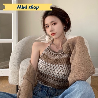 Mini shop🌸พร้อมส่ง🌸 (54105) เสื้อไหมพรมคล้องคอ ผูกเชือกลายโบฮีเมียน สุดฮิตโชว์หลัง