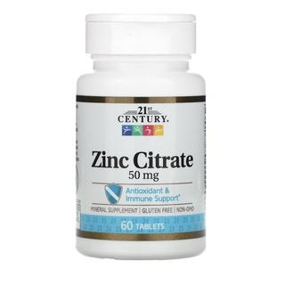 วิตามิน Zinc 50mg. ซิงค์ซิเตรต 60เม็ด ยี่ห้อ12century