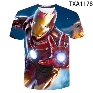 เสื้อยืดแขนสั้นลําลอง พิมพ์ลาย Iron Man แฟชั่นฤดูร้อน สําหรับเด็กผู้ชาย และเด็กผู้หญิง