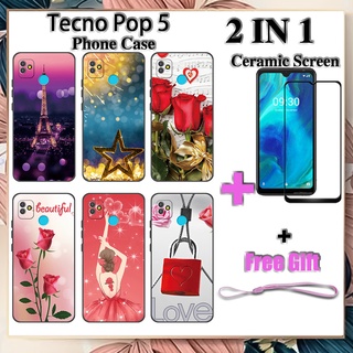 2 IN 1 Tecno Pop 5 เคสโทรศัพท์ พร้อมกระจกนิรภัย เซรามิค ป้องกันหน้าจอ โค้ง ฟิล์มนิรภัย โรแมนติก