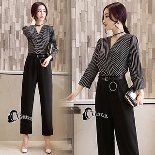 Cross Over B&amp;W Strips Line Jumpsuit