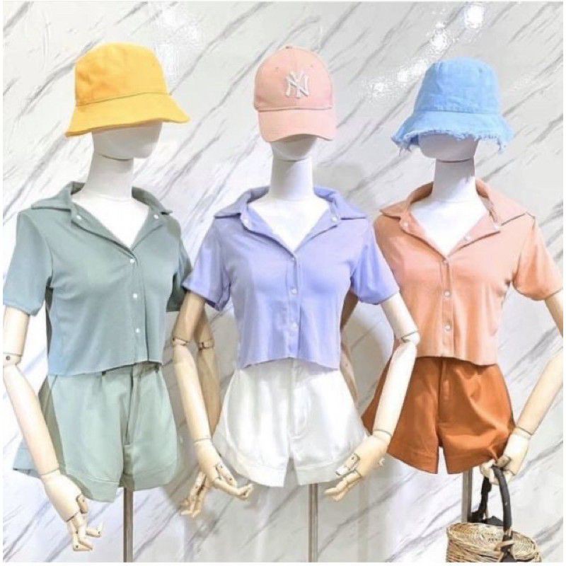 Mfs100🔥ฮอตสุด🔥เสื้อครอปกระดุมคอปก