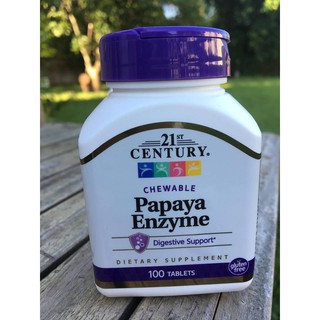 เอนไซม์จากมะละกอ &amp; สับปะรด Papaya Enzyme 100 เม็ดเคี้ยว (21st Century) ปาเปนและบลอมิเลน ช่วยย่อยอาหาร ท้องอืด ท้องเฟ้อ