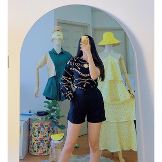 Setเสื้อเบี่ยงแขน ลายโซ่สวยหรูค่าา + กางเกงเอวยืดหลัง