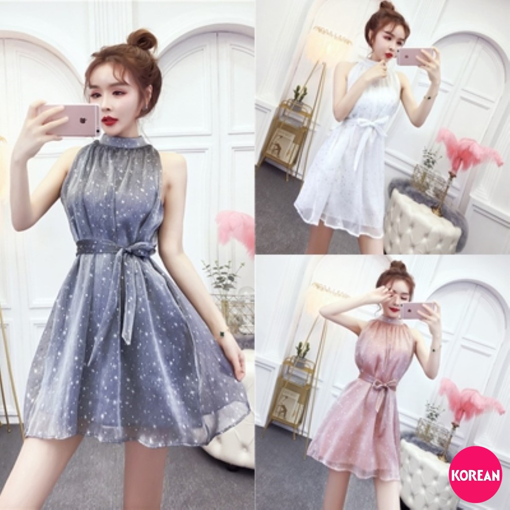 Korean Fashion ชุดเดรสแขนกุดคอสูง แต่งกลิตเตอร์ มีซับใน+โบว์ผูกเอว เนื้อผ้าแก้ว สีเทา สีโอรส สีขาว