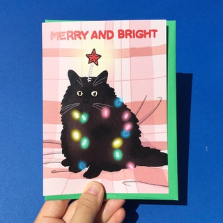 การ์ด คริสต์มาส ลายแมว Merry and Bright funny merry christmas card Santa Cat Christmas Greeting Card