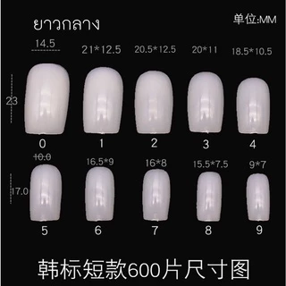 เล็บปลอม เล็บ pvc ยาวกลาง สั้นกุด ทรงเหลี่ยม ขุ่น ใส 600 ชิ้น เบอร์ 0-9 บวกเบอร์ 5, 6 เพิ่มเบอร์ละถุง