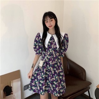 💐 Larvender korean dress ชุดเดรส ลายดอกไม้สีม่วง ปกขาว เนื้อผ้าชีฟองผสม ไม่มีซับใน 🌈