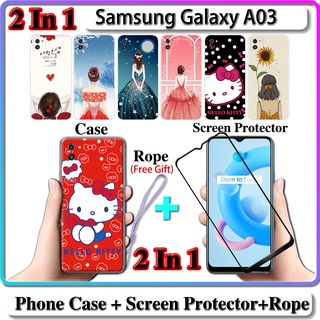 2 IN 1 เคส Samsung Galaxy A03 เคส พร้อมกระจกนิรภัยกันรอยหน้าจอโค้ง เซรามิค สําหรับเด็กผู้หญิง และคิตตี้