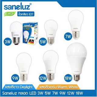 Saneluz หลอดไฟ LED Bulb ขนาด 3W 5W 7W 9W 12W 18W ขั้วเกลียว E27 แสงสีขาว 6500K /แสงสีวอร์ม 3000K ใช้งานไฟบ้าน AC 220V