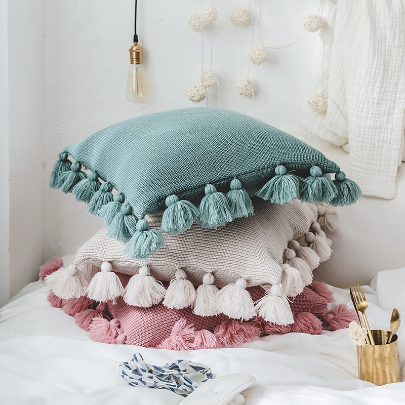 Ins solid color lantern Hair ball Pillow Handmade Knitted Cushion Sofa ...