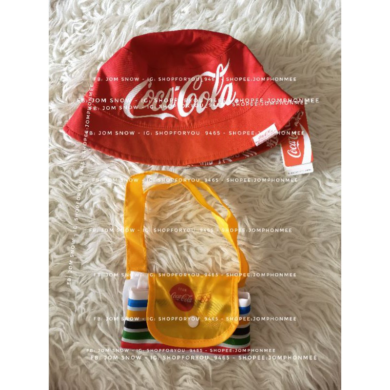 ถุงผ้าร่มพับได้และหมวก​ ​Bucket ลาย​ Coca-Cola​ Miniso China