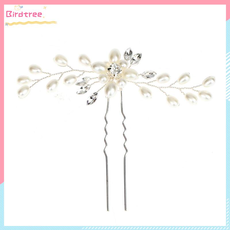 Handmade Pearl Crystal Hairpin Pin U คลิปงานแต่งงาน Tiara- BS