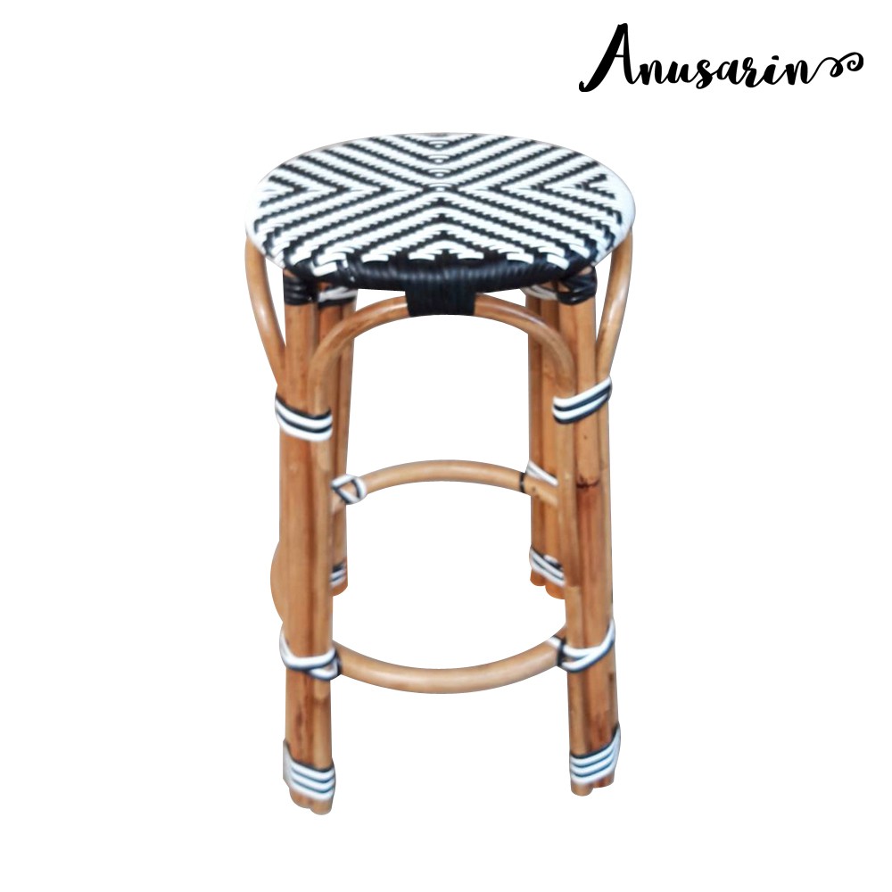 Anusarin สตูลหวาย 65 ซม Bar Stool 03 ลายก้างปลาโครงหวายแท้และสานหวาย PE- Black&White