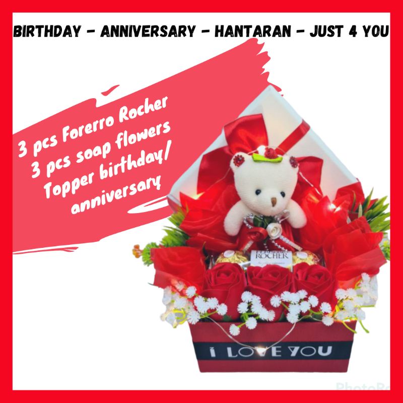 BIRTHDAY - HATARAN - ANNIVERSARY - SUPRISE - FORERRO ROCHER CHOCOLATE (3 ชิ้น) + SOAP ROSES BOX