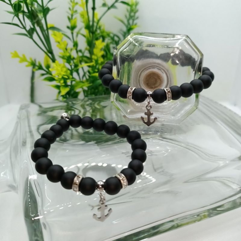 Gelang Tangan Magnet Manik Hitam Kristal /Couple Black Bead Couple Bracelet จี้หยกสีดําสร้อยข้อมือ