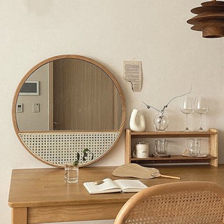 กระจกหวายNordic art retro ins wind handmade rattan mirror bedroom home bed and breakfast ไม้แต่งหน้ากระจกติดผนังกระจก