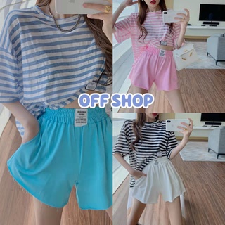 OFF SHOP พร้อมส่ง(OFF-DX-3สี) ชุดเซ็ท เสื้อยืดคอกลมแขนสั้น+กางเกงขาสั้น เสื้อลายทางแวกข้างใส่น่ารักสบายๆ 05