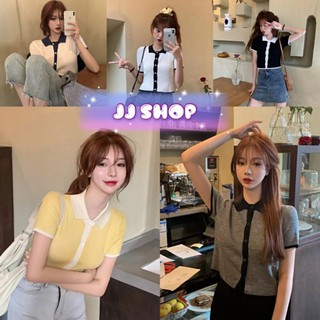 JJ Shop💓พร้อมส่ง เสื้อไหมพรมแขนสั้น คอปกกระดุมน่ารัก "9489 -N