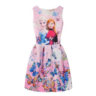 (100-160) ชุดเดรส เด็กผู้หญิง กระโปรงบาน แขนกุด สีชมพู ลาย เอลซ่า Frozen แอนนา # 7790