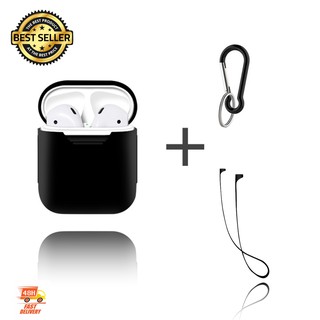 เคส AirPods Silicone Shock Proof Protective Cover +สายคล้อง+กิ๊บล๊อค สีดำ