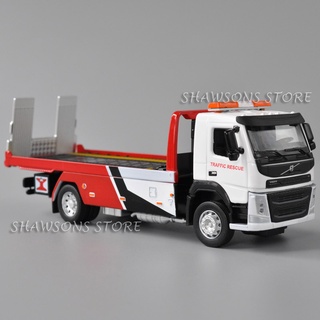 โมเดลรถกู้ภัยของเล่น 1:50 Scale Diecast Metal Volvo Flatbed Truck Traffic Rescue Trailer Model Toy With Sound &amp; Light