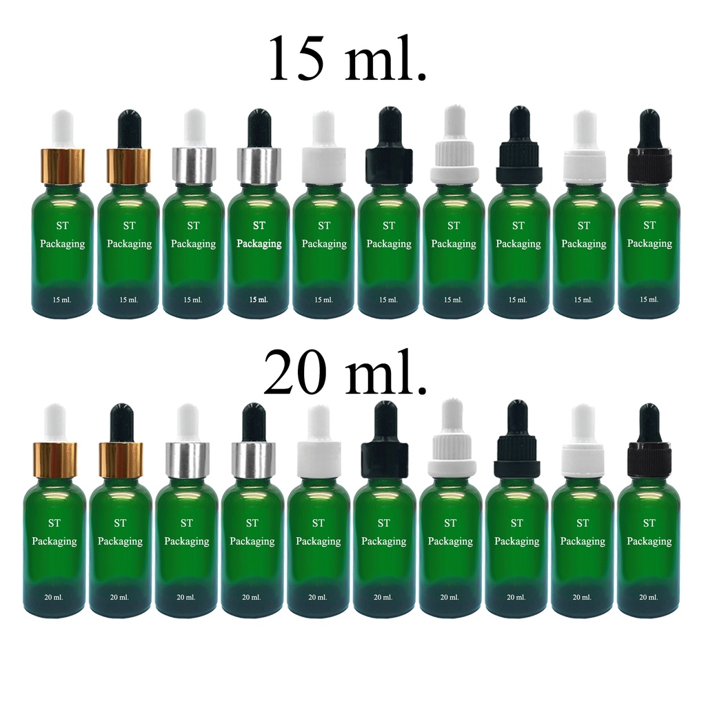 [แพ็ค 100 ขวด] ขวดแก้วดรอปเปอร์สีเขียวสำหรับบรรจุเซรั่มใส่สารสกัดของเหลว ขนาด 5ml ถึง 100ml Cosmetics packaging Dropper