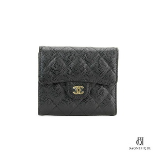 NEW CHANEL TRI FOLD WALLET SHORT BLACK CAVIAR GHW