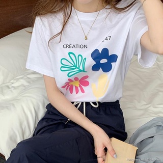 AY CHUUCHOP_พร้อมส่ง(C6879)🌷🌈Hanah creation tee เสื้อยืดแขนสั้นลายดอกไม้ มี3สี oversize SML