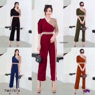 💚Sshop ส่งไว1-2วัน💚 S17074 จั้มสูทแขนสั้นทูโทน ผูกเอว Two tone short sleeve jumpsuit with waist tie