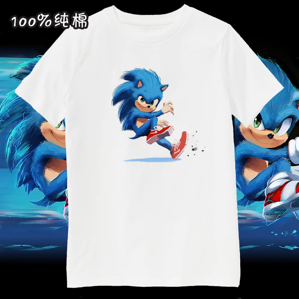 เสื้อยืดโอเวอร์ไซส์Sonic the Hedgehog ภาพยนตร์ Sonic The Hedgehog อุปกรณ์ต่อพ่วงบุคลิกภาพผู้ชายและผู้หญิงแขนสั้นเสื้อยืด