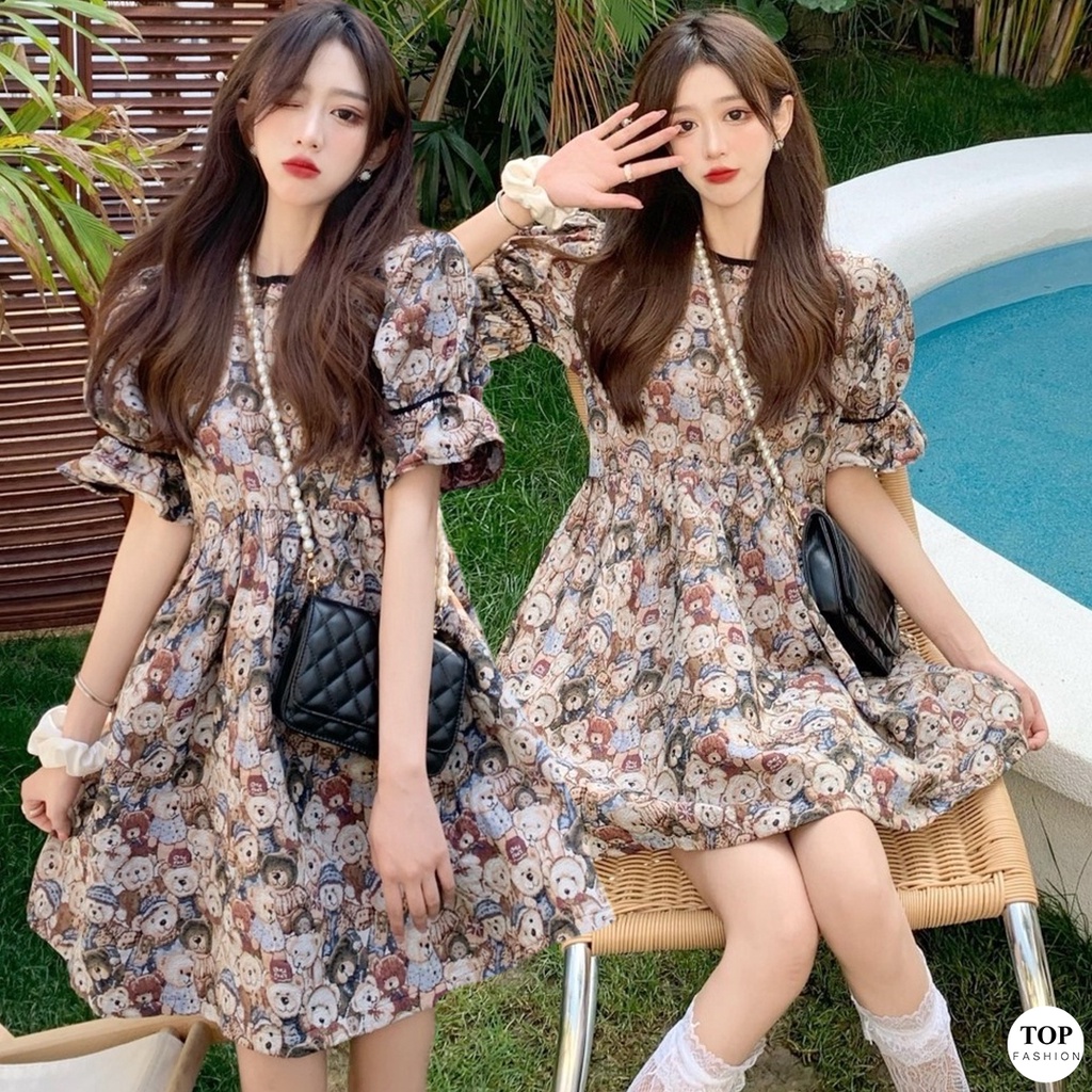 พร้อมส่งไทย ราคาถูก มินิเดรสคอกลมแขนตุ๊กตา ลายน้องหมีน่ารัก ทรงบาน