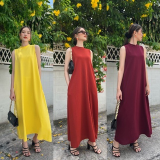 Thongyoy - Maxi Dress คอเต่าแขนกุดผ้ายืดลำลอง สีพื้นเรียบ ฟรีไซส์