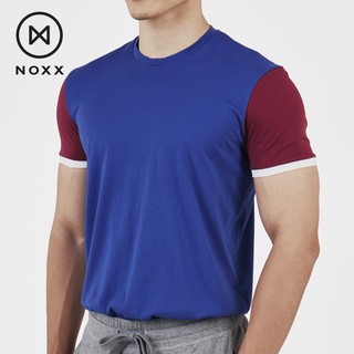 Noxx Round Neck T-shirt: เสื้อยืด คอกลม สีน้ำเงินสด แขนแดง กุ๊นขาว