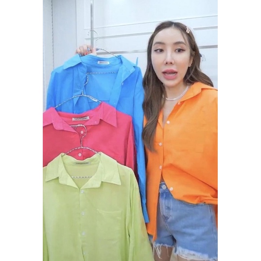 X2market closet เสื้อเชิ๊ต ผ้าลินิน แขนยาว สีส้ม เชิ้ต oversize ทรงหลวม เสื้อสีส้ม ชุดไปทะเล ชุดทำงา