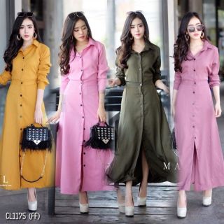 Maxidress เดรสผ้าโฟเวย์เนื้อดี ผ้าหนานิ่มสวยใส่สบายค่ะผ่าหน้าตลอดแนว แขนยาวปลายแขนติดกระดุม ใส่แหวกหน้า