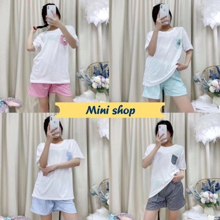 Mini shop🌸พร้อมส่ง🌸 (DX-SY-9654) ชุดนอน เสื้อยืดลายน่ารัก+กางเกงขาสั้นลายตารางสีน่ารักมาก 05