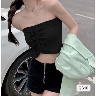diary(Q610)เสื้อเกาะอกไหมพรม ดีเทลสายผูก ห้อยคอได้ ขอบระบายน่ารักมาก