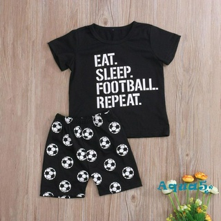 ✿ℛBaby Boy Football Printed Round Neck Short Sleeve T-Shirt and Shorts, Black Clothing Set