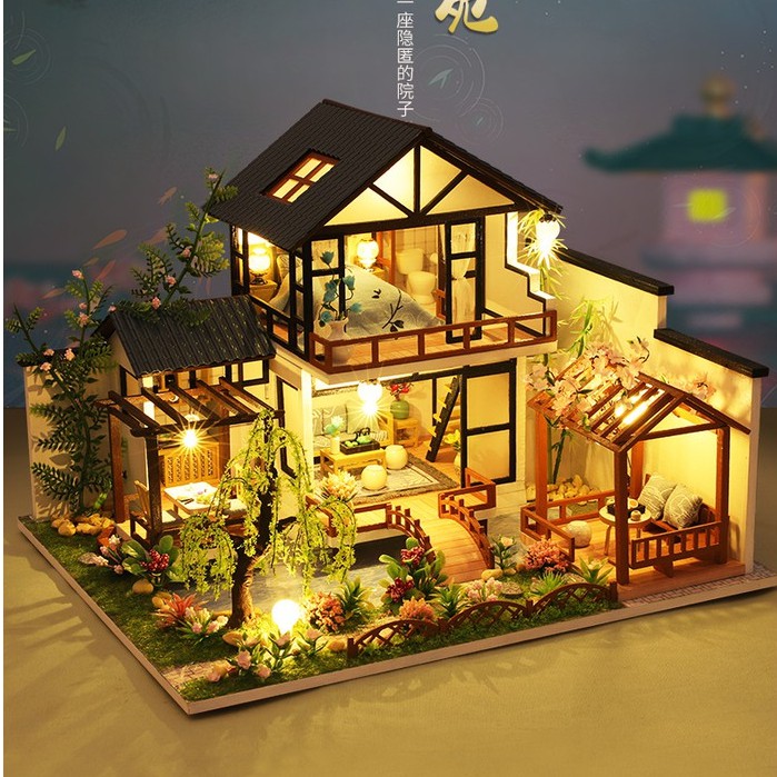 ส่งด่วนกทม. บ้านตุ๊กตา DIY ประกอบเอง บ้านจีน Bamboo Creek บ้านสวนกลางน้ำ มีฝาครอบ ของเล่น JIATE P010