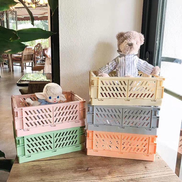แฟชั่นน่ารักสีทึบตะกร้าเก็บความจุขนาดใหญ่ เทปเครื่องเขียนตะกร้าเก็บเครื่องสำอางพลาสติกสามารถพับเก็บได้ กล่องเก็บมินิส