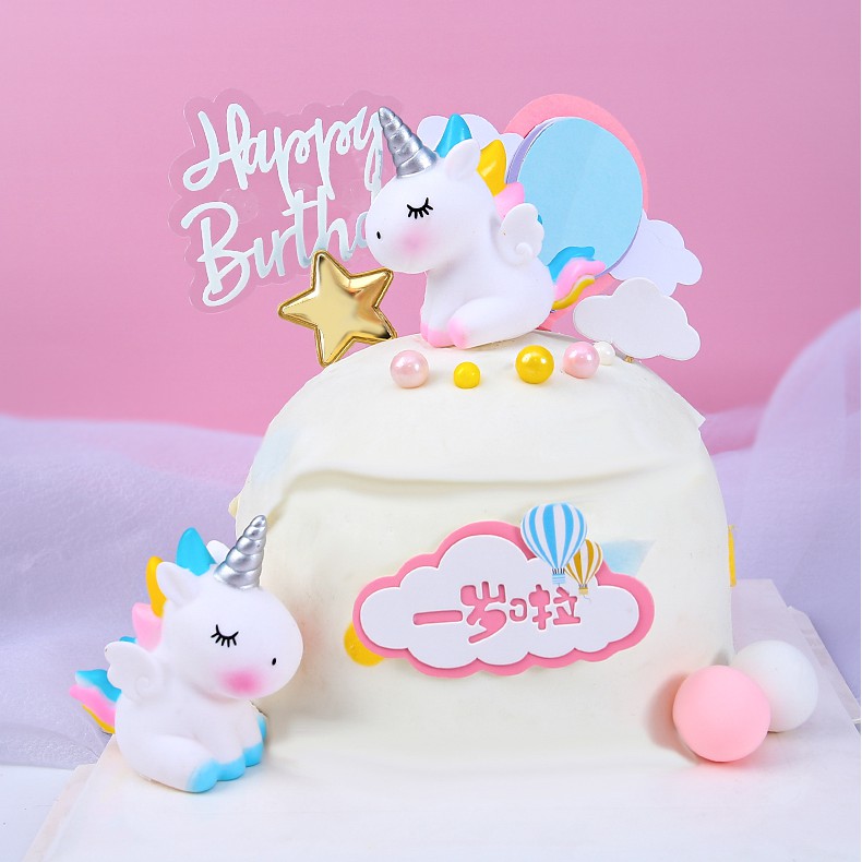 พร้อมส่ง ป้ายธง PVC รูปยูนิคอร์น สีรุ้ง สําหรับตกแต่งเค้กวันเกิด