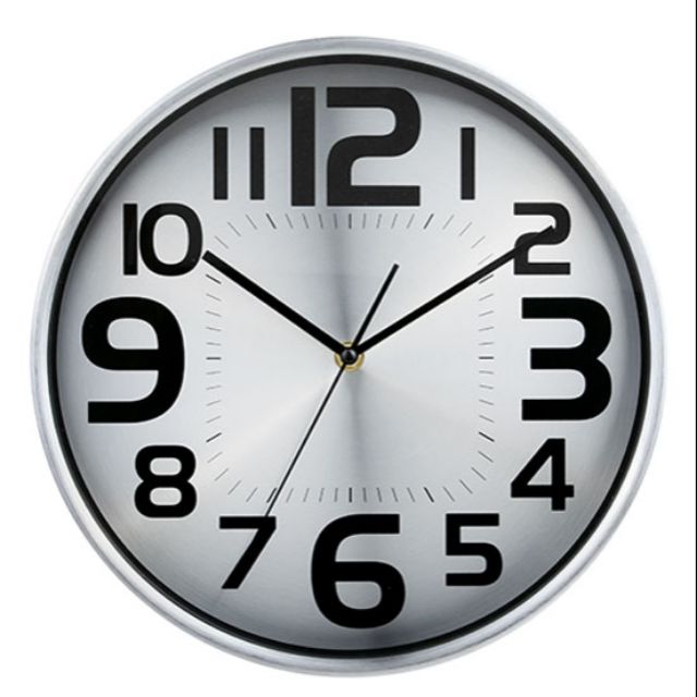 นาฬิกาแขวนผนัง 12 นิ้ว สีเงินอลูมิเนียม ตัวเลขใหญ่ชัดเจน เครื่องเดินเรียบ