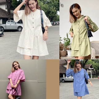 เดรสสั้น คอจีน แขนระบาย ผ้าฝ้ายนิ่ม สไตล์มินิมอล Mini Cotton Dress