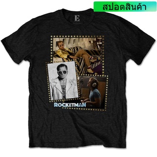 เสื้อยืดผ้าฝ้ายCOTTON เสื้อยืด พิมพ์ลาย Elton John Rocketman Montage สีดํา สําหรับผู้ชายS-5XL