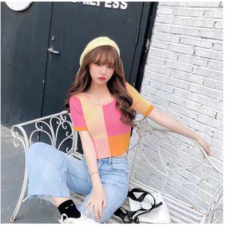 Best clothes(พร้อมส่ง/ใหม่#002-2)สินค้าขายดีเสื้อครอปคอกลมแขนสั้นไหมพรมสีน่ารัก