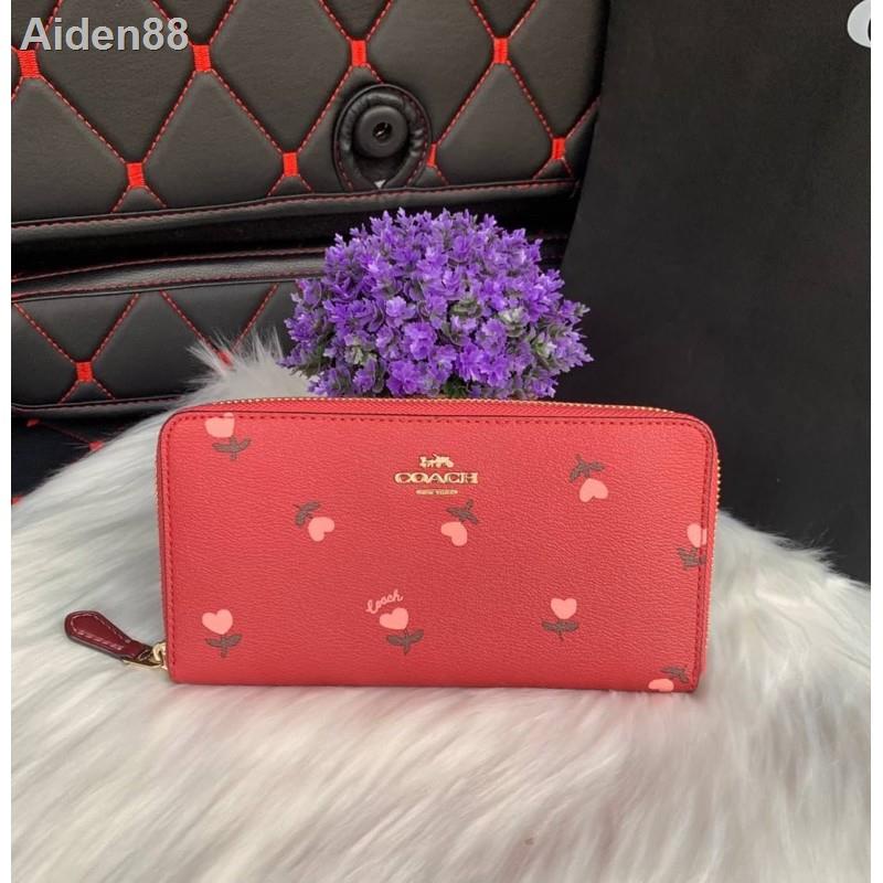❒(ผ่อน0%) กระเป๋าสตางค์ ACCORDION ZIP WALLET WITH HEART FLORAL PRINT (COACH C3287) ซิปรอบ สีแดง ลายดอกไม้ของขวัญ