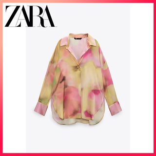 Zara 2022 เสื้อเบลาส์ แขนยาว คอปก พิมพ์ลาย กระดุมแถวเดียว แฟชั่นใหม่