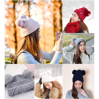 KozySnow หมวกไหมพรมแต่งปอมๆคู่ หมวกไหมพรมแฟชั่น แต่งกลิตเตอร์ มี5สี  H17