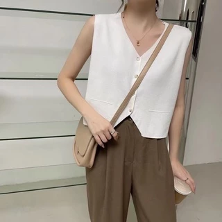 Cicishop(B1906/B2527)เสื้อแขนกุดไหมพรม กระดุมหน้า สีพื้นเบสิค เรียบๆ ผ้านิ่มใส่สบายมาก